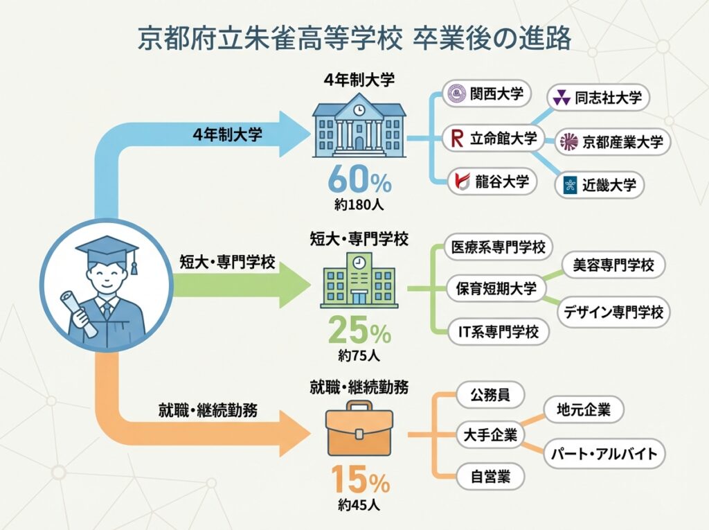 京都府立朱雀高等学校卒業後の進路。4年制大学(関西大学、同志社大学、立命館大学など)、短大・専門学校、就職・継続勤務の3つの進路