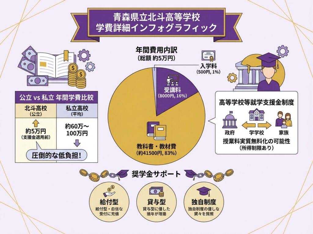 alt文: 青森県立北斗高等学校の学費詳細インフォグラフィック。年間5万円の費用内訳、入学料500円、受講料8000円、就学支援金制度を円グラフと表で表示

