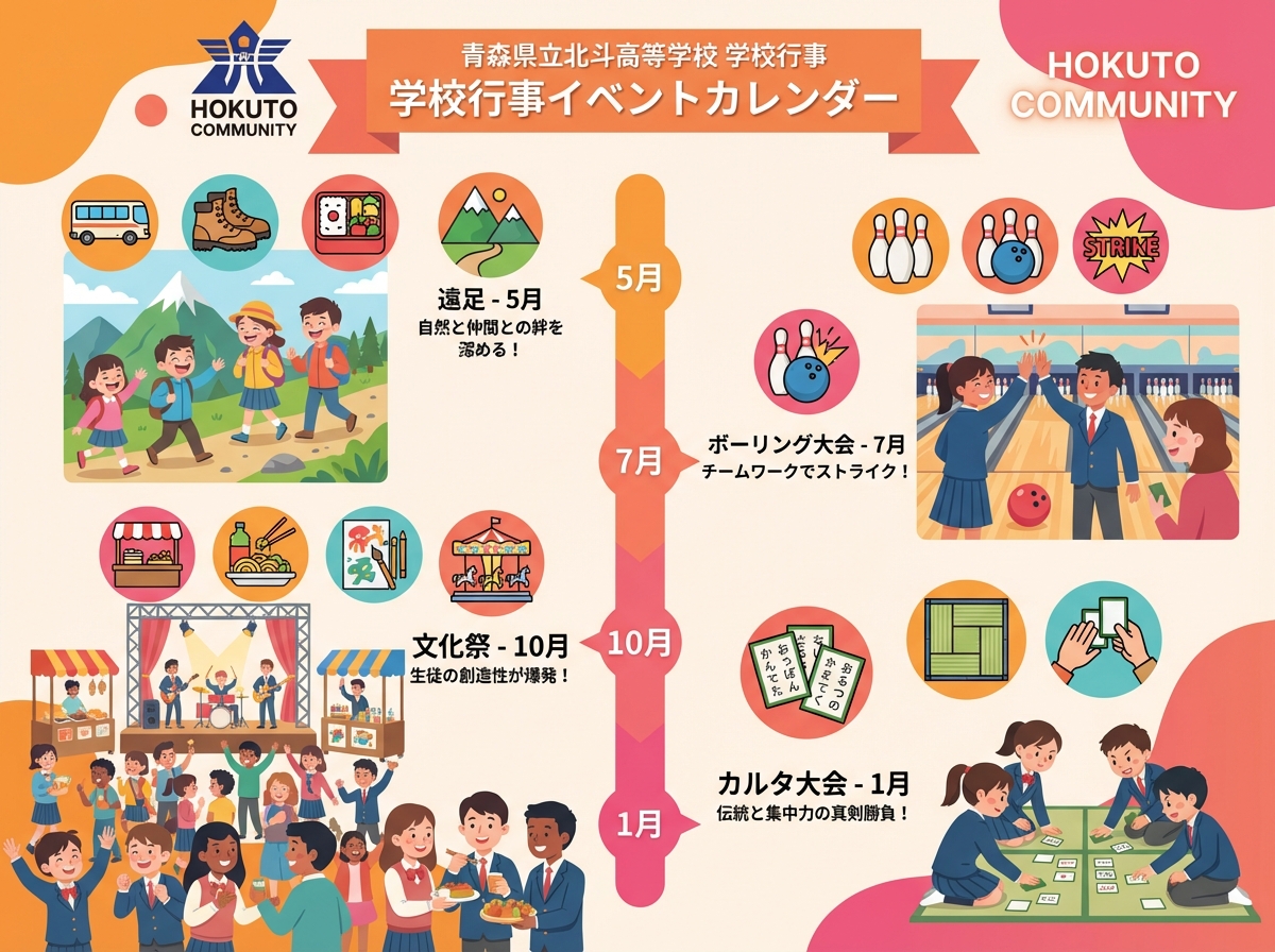 alt文: 青森県立北斗高等学校の学校行事インフォグラフィック。遠足、ボーリング大会、カルタ大会、文化祭など生徒交流イベントをカラフルなアイコンで表示

