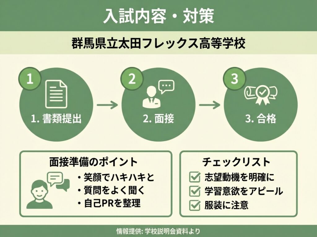 群馬県立太田フレックス高等学校の入試内容と対策を示すフローチャート式インフォグラフィック。書類提出、面接、合格の3ステップと、志望動機を明確に、学習意欲をアピール、服装に注意などの面接対策ポイントを視覚化。