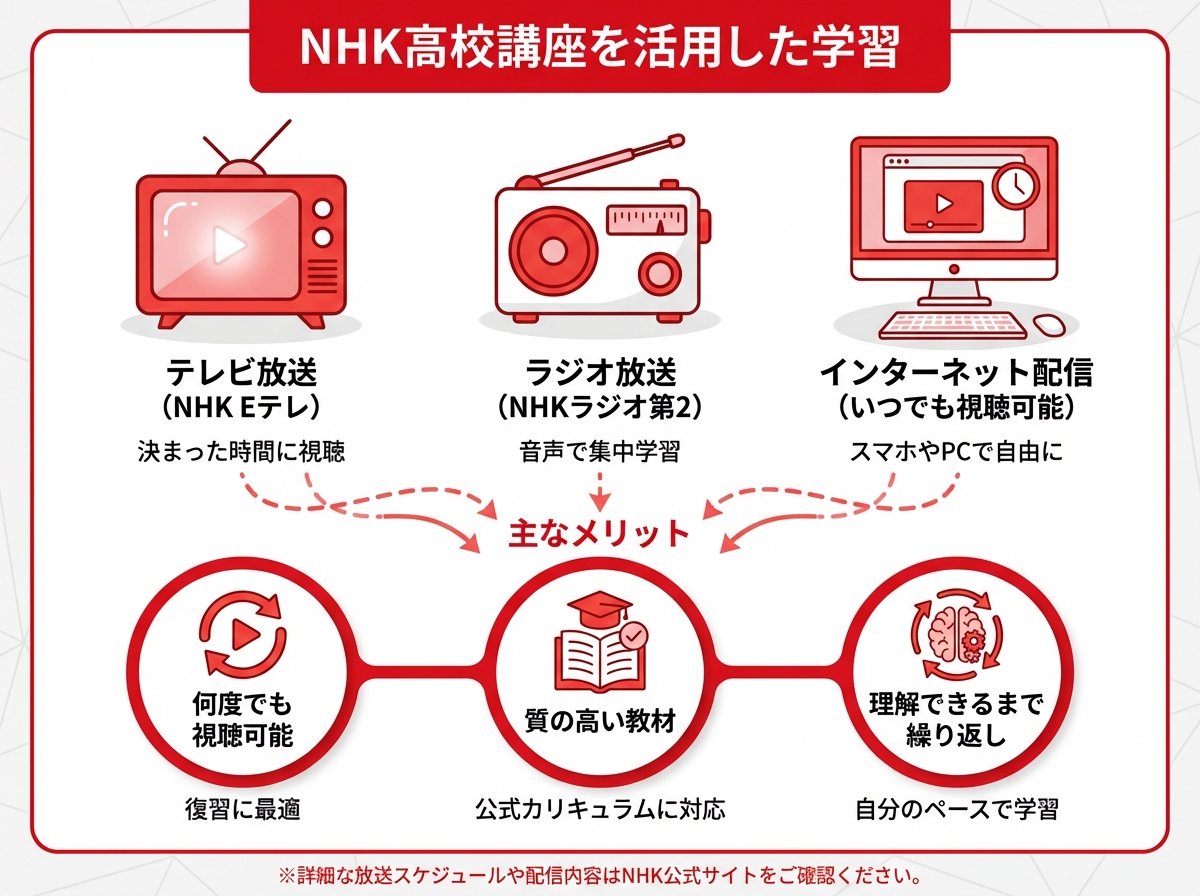 NHK高校講座を活用した学習方法を示すインフォグラフィック。テレビ放送(NHK Eテレ)、ラジオ放送(NHKラジオ第2)、インターネット配信(いつでも視聴可能)の3つの視聴方法と、何度でも視聴可能・質の高い教材・理解できるまで繰り返しのメリットを赤と白のNHKブランドカラーで表示
