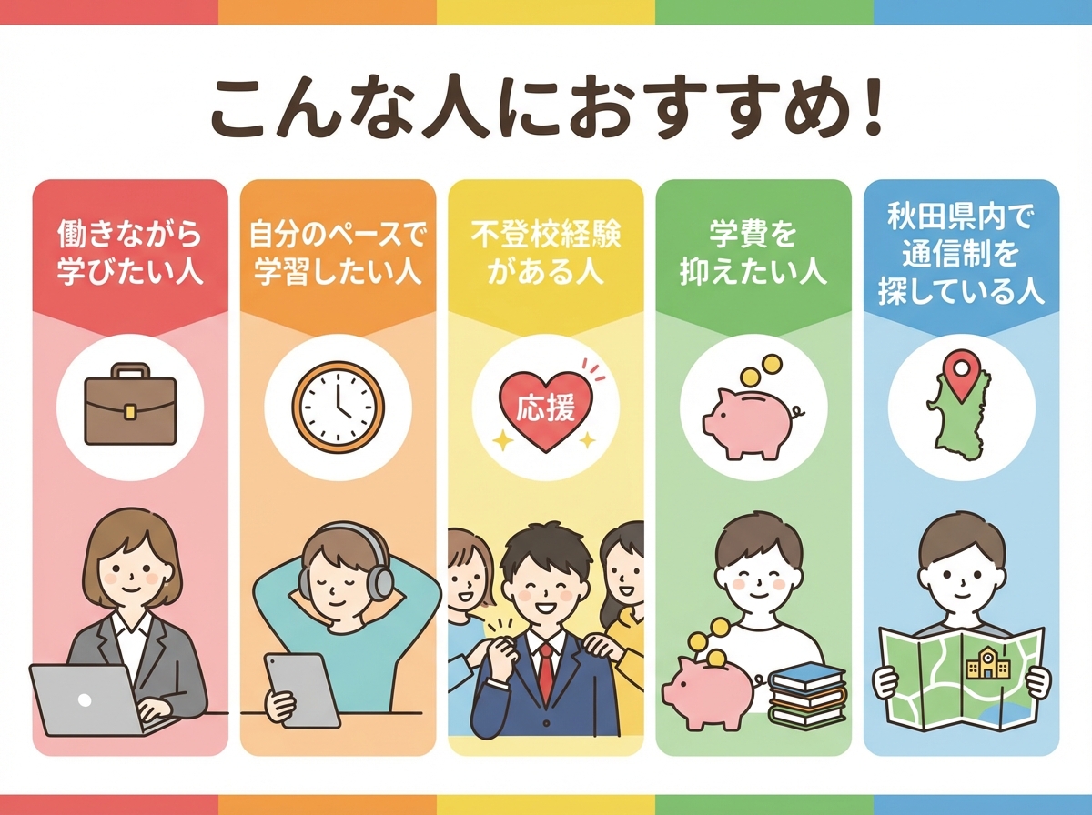 秋田県立秋田明徳館高等学校がおすすめな人、働きながら学びたい人、自分のペースで学習したい人、不登校経験者、学費を抑えたい人など5つのタイプを紹介するインフォグラフィック