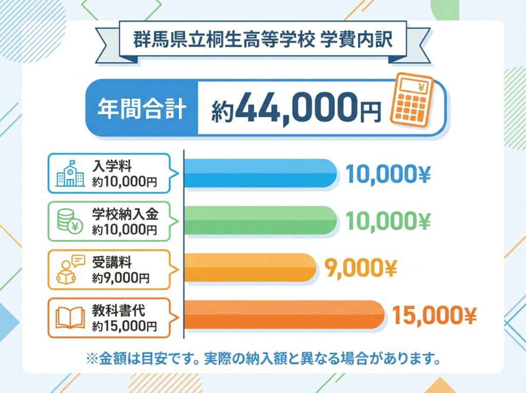 群馬県立桐生高等学校の学費内訳を示すインフォグラフィック。入学料約1万円、学校納入金約1万円、受講料約9千円、教科書代約1万5千円、年間合計約4万4千円を視覚的に表示