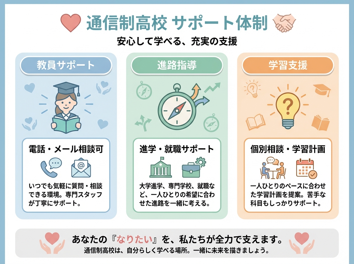 学校のサポート体制を示すインフォグラフィック。教員サポート(電話・メール相談可)、進路指導(進学・就職サポート)、学習支援(個別相談・学習計画)の3つの柱が、それぞれアイコンとともに3列で表示されている