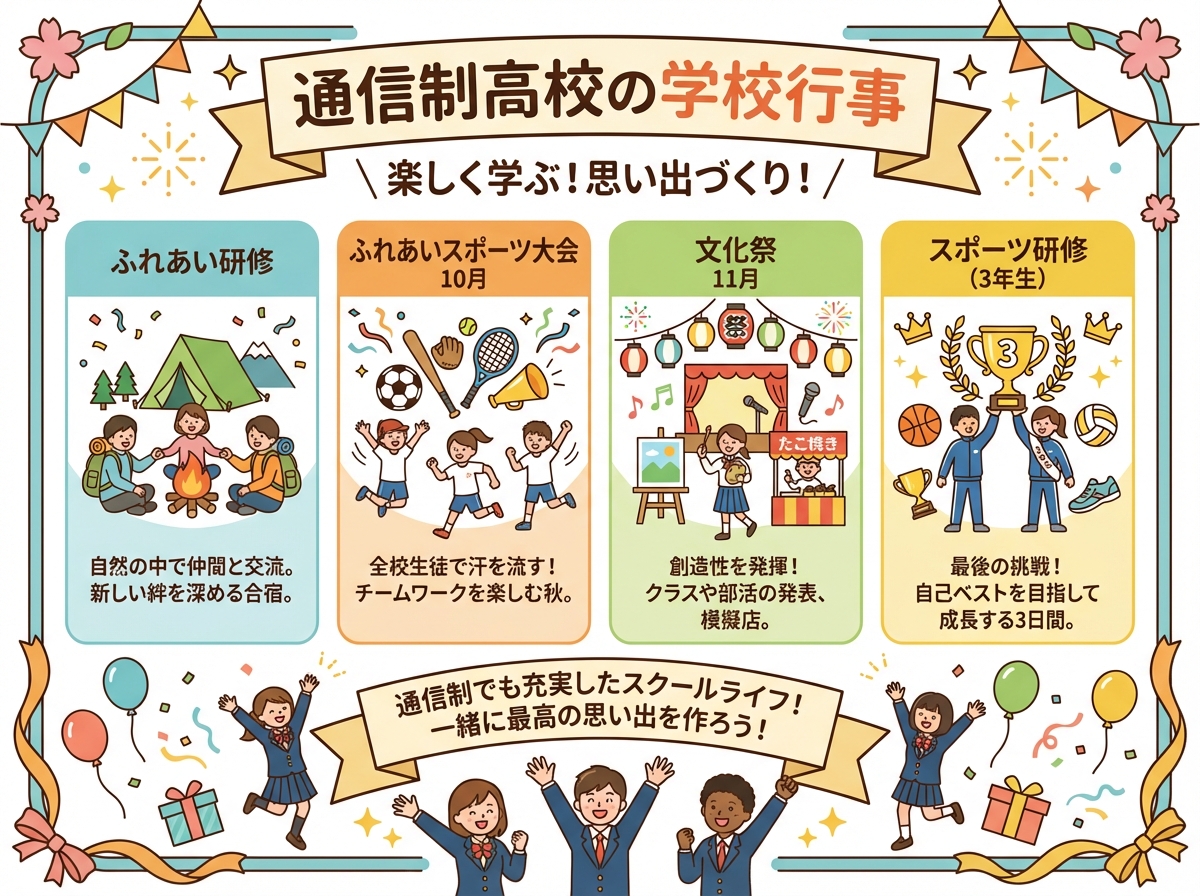 学校行事を紹介するインフォグラフィック。ふれあい研修、ふれあいスポーツ大会(10月)、文化祭(11月)、スポーツ研修(3年生対象)の4つのイベントが、楽しそうなアイコンとともに表示されている