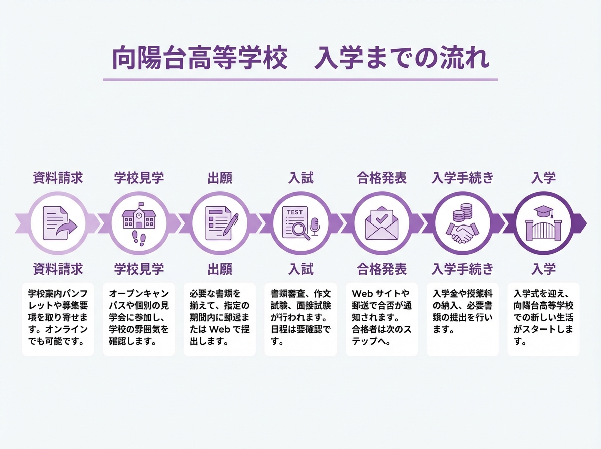 向陽台高等学校の入学までの流れを示すインフォグラフィック。資料請求から入学までの7ステップをタイムライン形式で図解