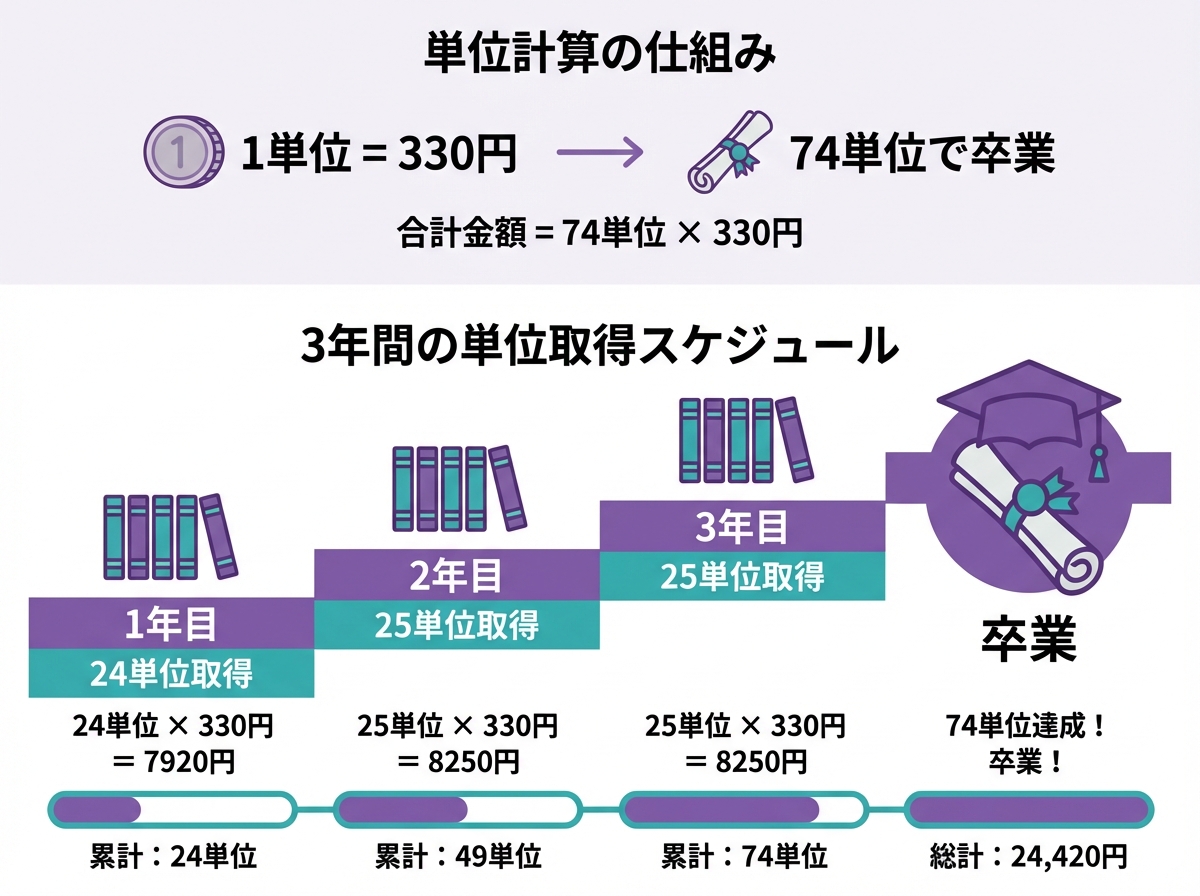 卒業に必要な74単位の取得スケジュールをタイムライン形式で表示。1単位330円、1年目24単位・2年目25単位・3年目25単位。パープルとティールの配色で卒業までの道筋を視覚化。