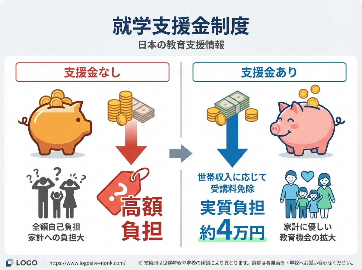就学支援金制度を説明するインフォグラフィック。支援金なしと支援金ありの比較が示され、世帯収入に応じて受講料免除、実質負担約4万円というメリットが貯金箱アイコンとともに表示されている