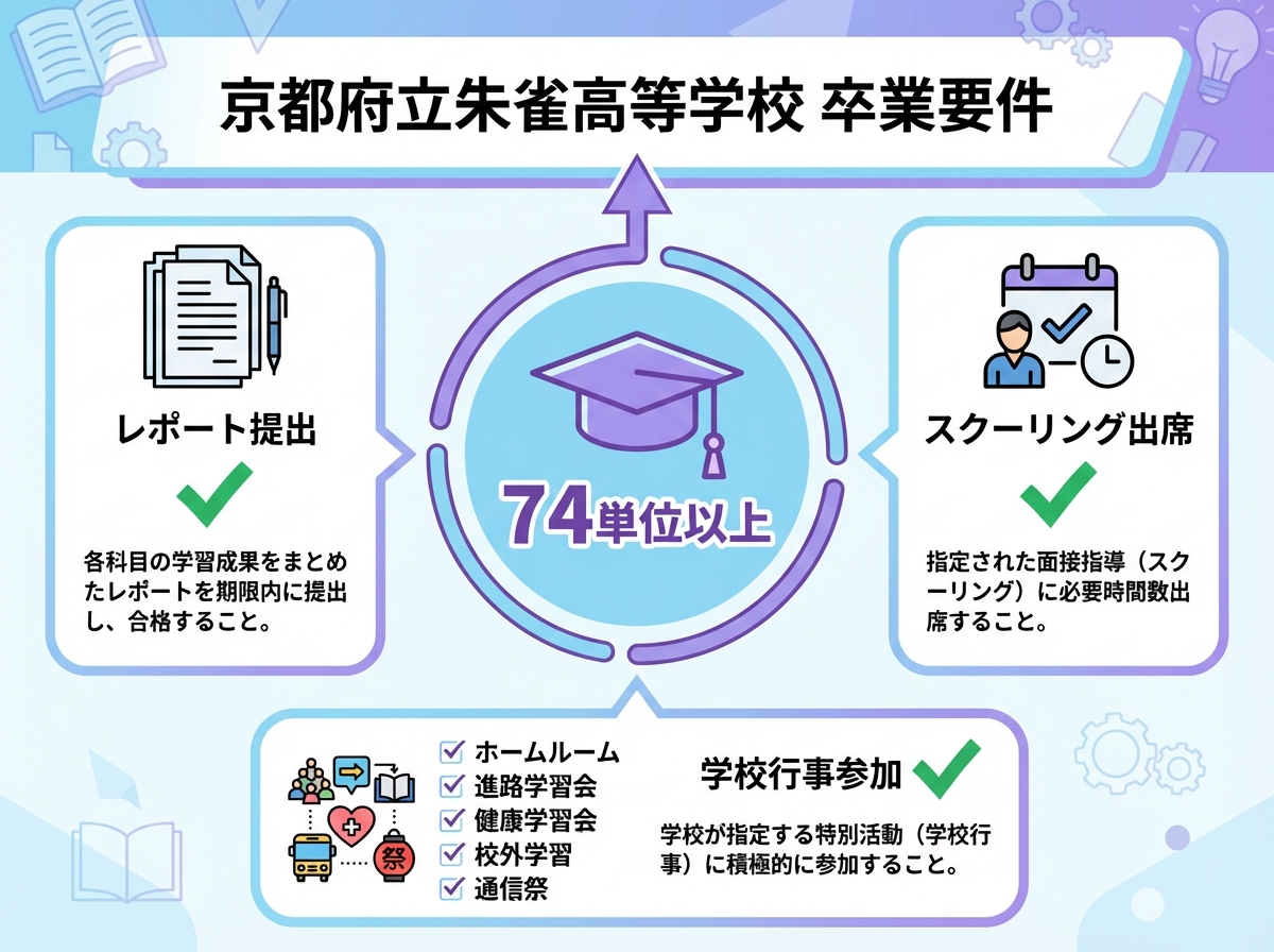京都府立朱雀高等学校の卒業要件。74単位以上の取得、レポート提出、スクーリング出席、学校行事参加(ホームルーム、進路学習会、健康学習会、校外学習、通信祭)