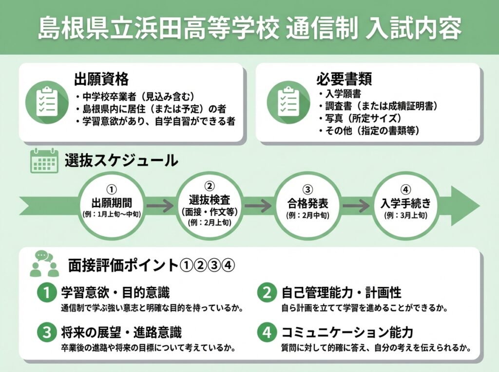 島根県立浜田高等学校通信制の入試内容を説明するインフォグラフィック。出願資格、必要書類、面接評価ポイント4項目、選抜スケジュールがタイムライン形式で表示されている。緑と白の配色でチェックリストアイコンや面接のアイコン付き。