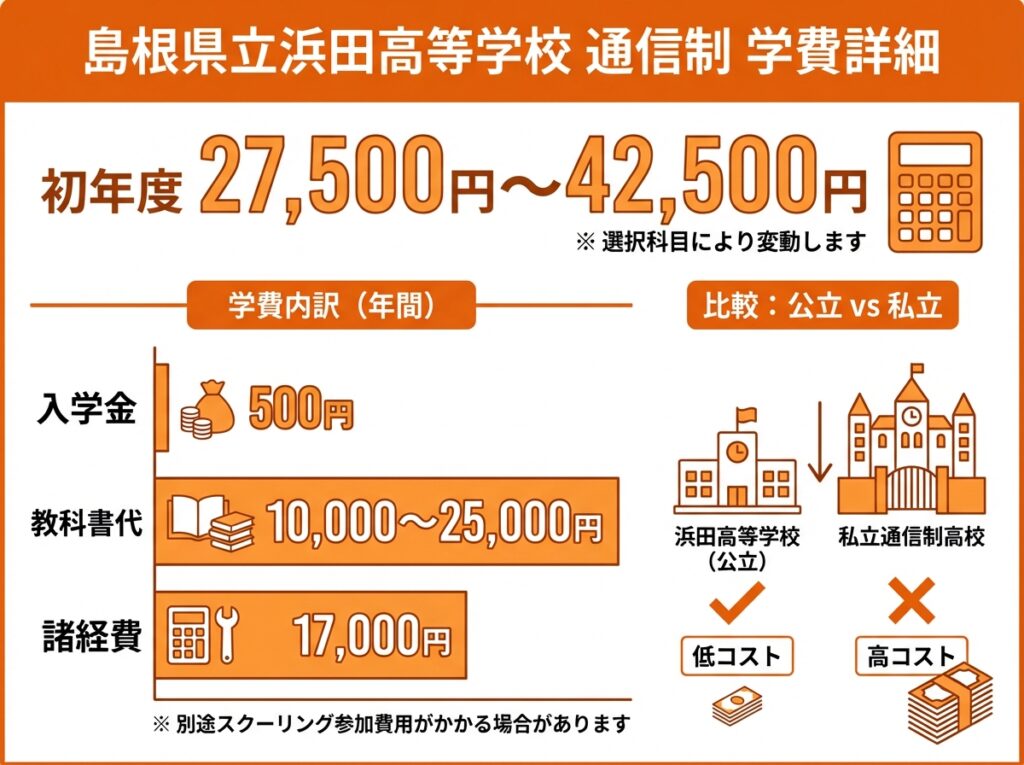 島根県立浜田高等学校通信制の学費詳細を示すインフォグラフィック。初年度27,500円〜42,500円が大きく表示され、入学金500円、教科書代、諸経費の内訳が円グラフまたは棒グラフで可視化されている。オレンジと白の配色で電卓やお金のアイコン付き。