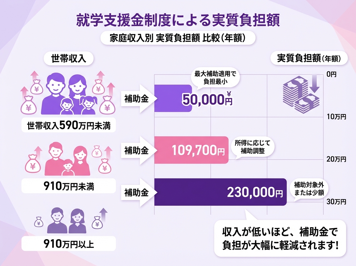 クラーク記念国際高等学校の就学支援金制度活用後の実質負担額を比較するインフォグラフィック。世帯収入別の3段階の負担額を図解