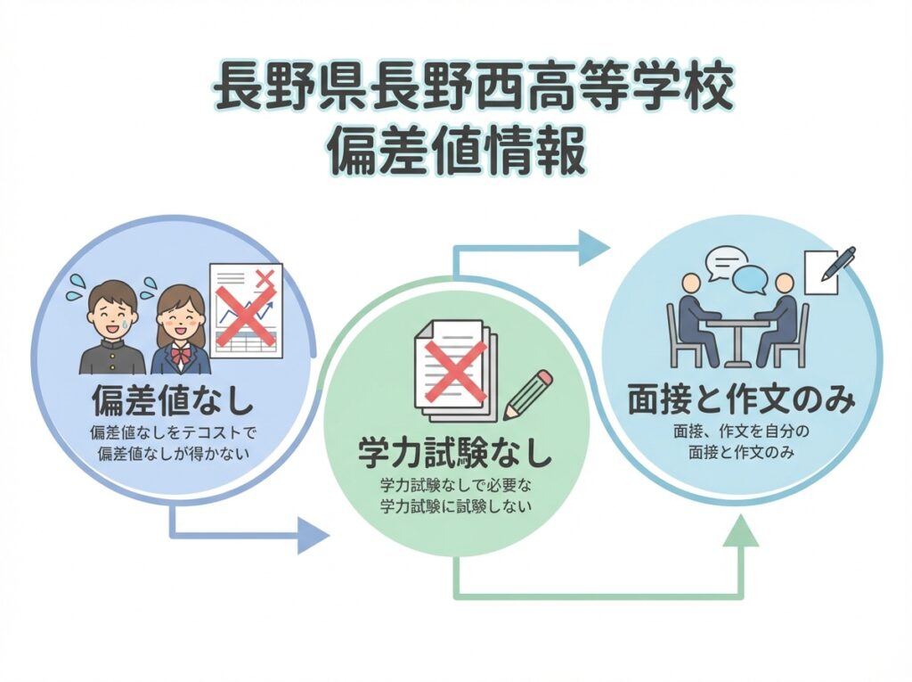 長野県長野西高等学校の偏差値情報を示すインフォグラフィック。偏差値なし、学力試験なし、面接と作文のみで入学可能であることを示す図