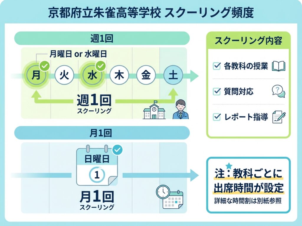 京都府立朱雀高等学校のスクーリング頻度。月曜日または水曜日に週1回、日曜日に月1回の通学。教科ごとに出席時間が設定