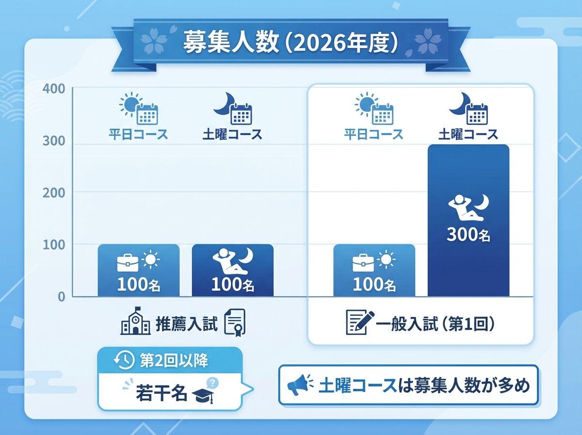 立志舎高等学校の2026年度募集人数を、推薦入試・一般入試(第1回)・第2回以降で分け、平日コースと土曜コースを棒グラフで示した図