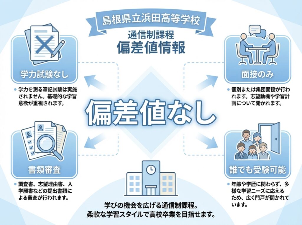 島根県立浜田高等学校通信制課程の偏差値情報を示すインフォグラフィック。中央に大きく「偏差値なし」と表示され、学力試験なし・面接のみ・書類審査・誰でも受験可能の4つのポイントがアイコン付きで説明されている。青と白の配色でフラットデザイン。