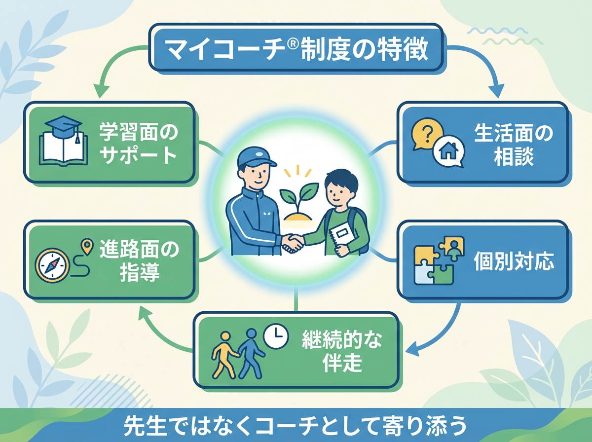 おおぞら高等学院のマイコーチ®制度の特徴を示すインフォグラフィック。学習面・生活面・進路面のサポート、個別対応、継続的な伴走を中心から放射状に配置した青緑系フラット図解


