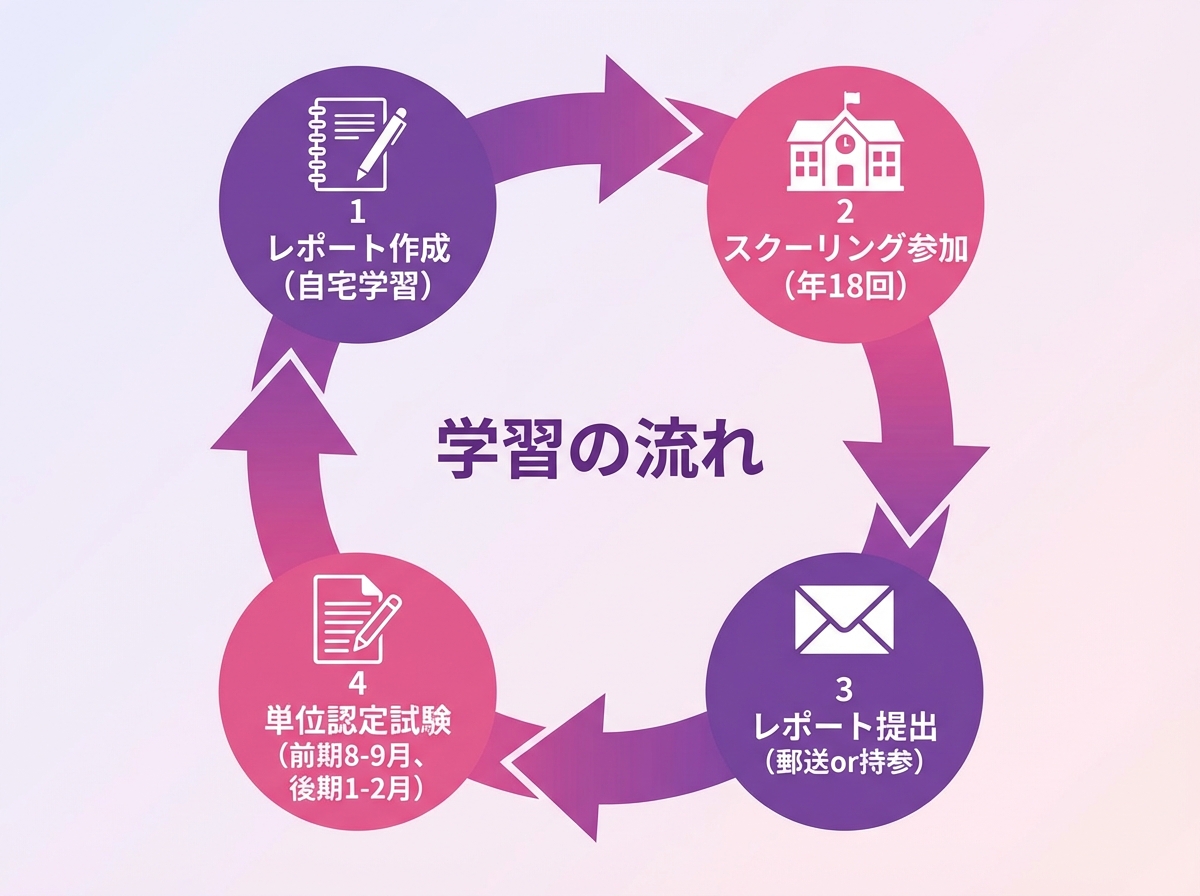 宮城県美田園高等学校の学習サイクルを循環図で表示。レポート作成(自宅学習)→スクーリング参加(年18回)→レポート提出(郵送or持参)→単位認定試験(前期8-9月、後期1-2月)の4ステップ