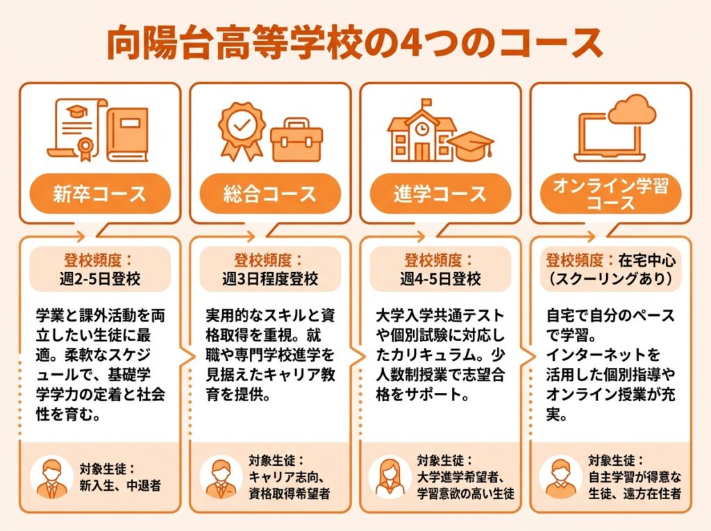 向陽台高等学校の4つのコースを紹介するインフォグラフィック。新卒コース、総合コース、進学コース、オンライン学習コースの特徴と通学頻度を図解